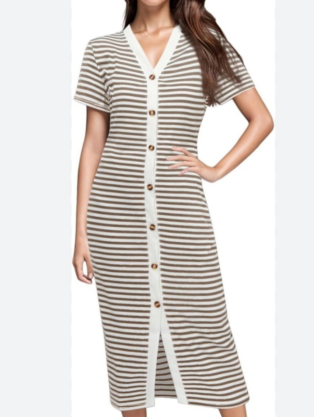 BTFBM knit Stripe Maxi Dress Button Frint Casual Short Sleeve